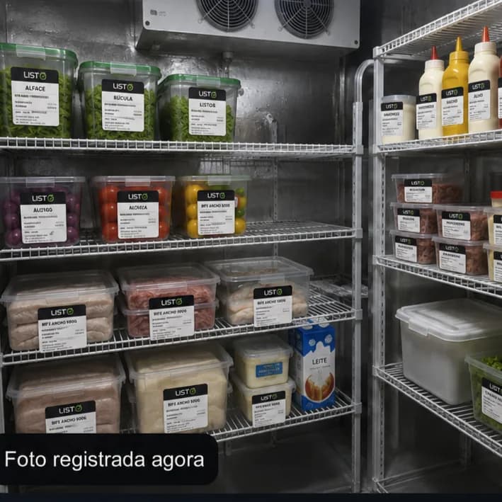 Câmara fria com produtos etiquetados pelo LISTO, com data de manipulação e validade